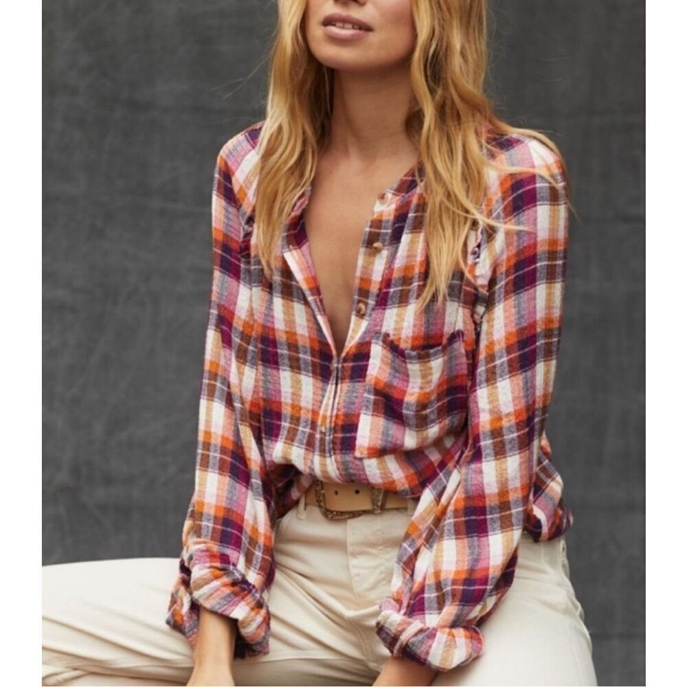 Anthropologie ‎ Pilcro Breezy Button Down Plaid shirt, XS $98 C27